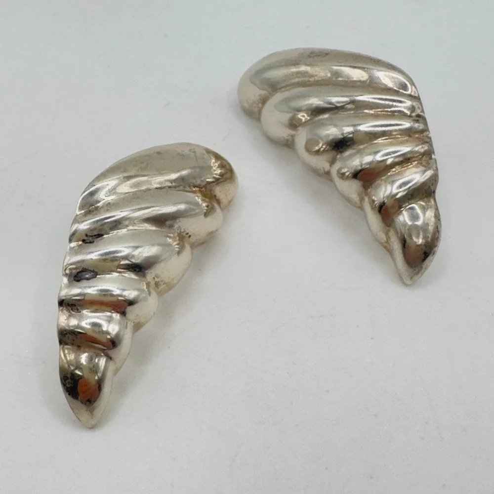 Vintage Sterling Silver Earrings Pierced Puffy Shell Modernist Style 1.75 In 80s